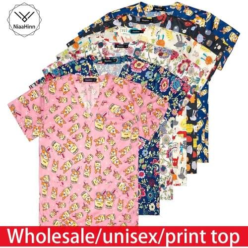 Pet Grooming Veterinary Care Animal Printing Scrub Unisex Unisex Cotton Top Pharmacy Doctor Nurse Cleaning Service Short Sleeve