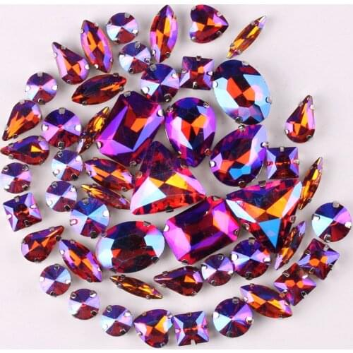 Silver claw setting 50pcs/bag 11 shapes mix Tea color AB glass crystal sewing rhinestone wedding dress shoes bags diy trim