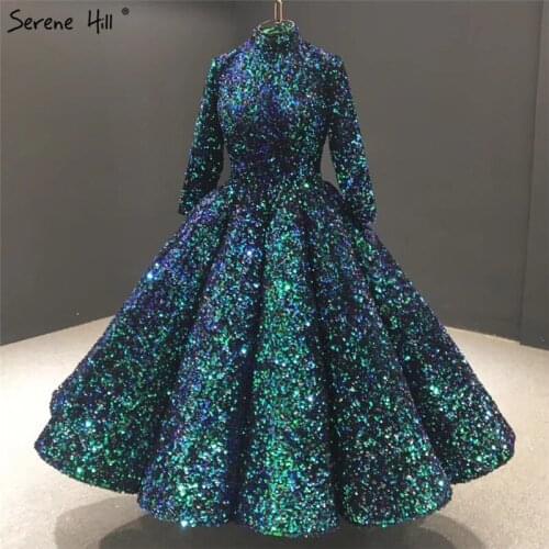 Green High Neck Muslim Arabia Ankle Length Evening Dresses 2020 Long Sleeve Sequined Sparkle Formal Gowns Serene Hill HA2085