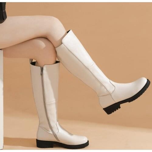 Black Beige Flat With Knee High Boots Autumn Women Boots Pu Leather Platform Low Heel Long Boots Zipper Winter Shoes Big Size 43