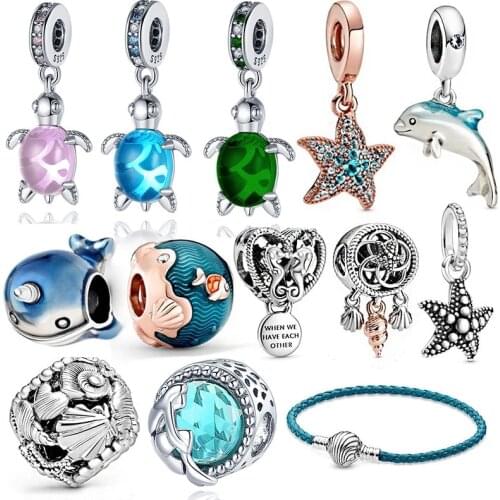 925 Sterling Silver Woman Jewelry Ocean Series Narwhal Charm Starfish Ocean Waves Fish Beads Fit Pandora Bracelet DIY Pendant