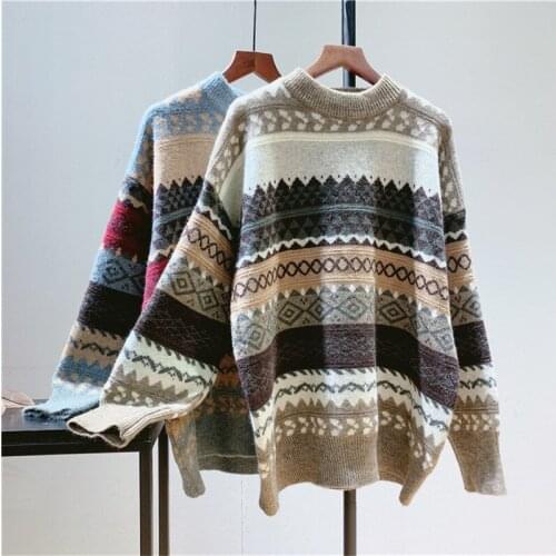 Literature and art national style color contrast sweater top women autumn and winter new Korean retro student Pullover Sweater