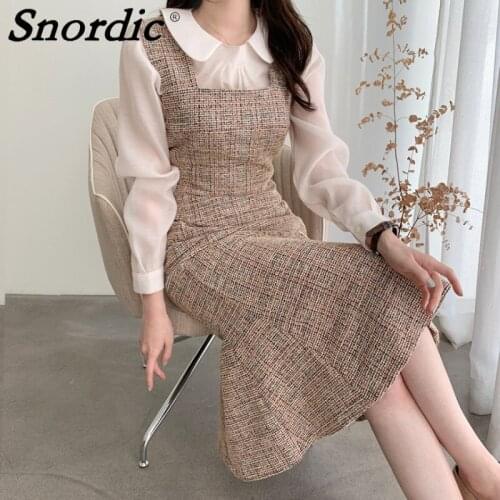 2021 Women Autumn Elegant Vintage Tweed Long Tank Dress Slim Cut Zipper Outer Sleeveless Woolen Trumpet Dresses