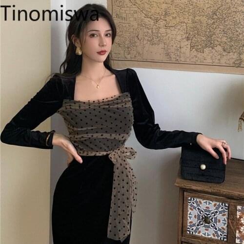 Tinomiswa Gauze Patchwork Polka Dot Elegant Dress Women Square Collar Long Sleeve Dresses New Chic Retro Vestidos Mujer A1388