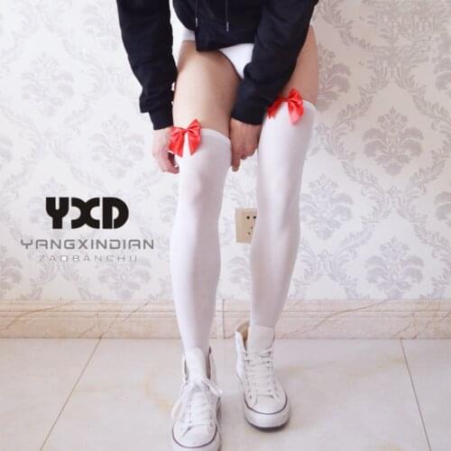 2 Pairs/Mens Socks Man High Elastic Velvet Stage High Socks Men Sexy Pink Bow Transparent Silk Stockings Pantyhose Thigh Socks