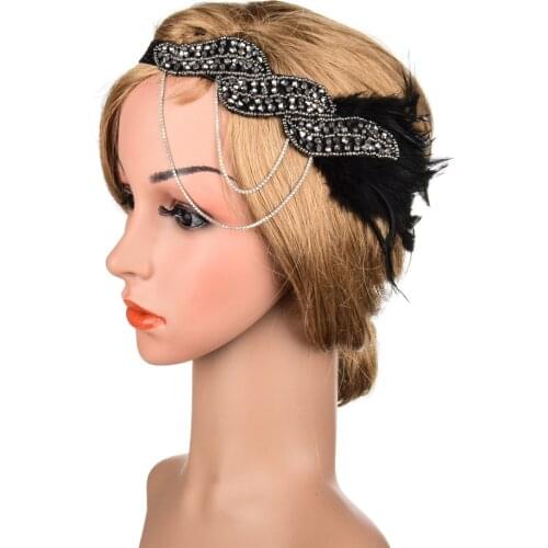 1920s retro elastic hair band pure black feather headpiece handmade diamond-encrusted hair accessories customized