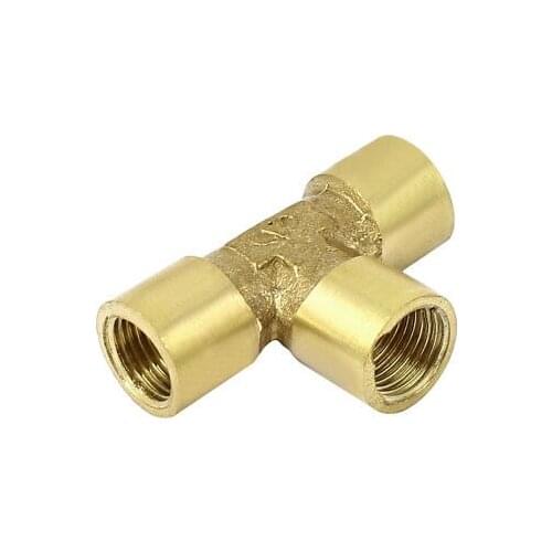 1/8 BSP Female Thread T Shaped Water Fuel Hose Pipe Brass Connector Gold Tone 2pcs