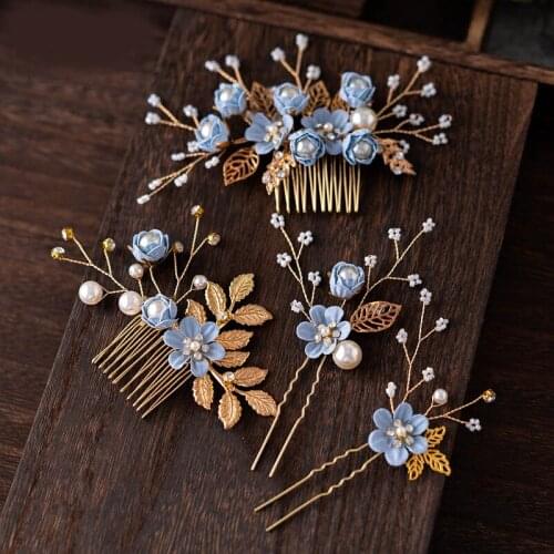 4PC/set Japanese-Korean-style bridal headgear Mori light pink white flower hair comb hairpin Korean wedding dress accessories