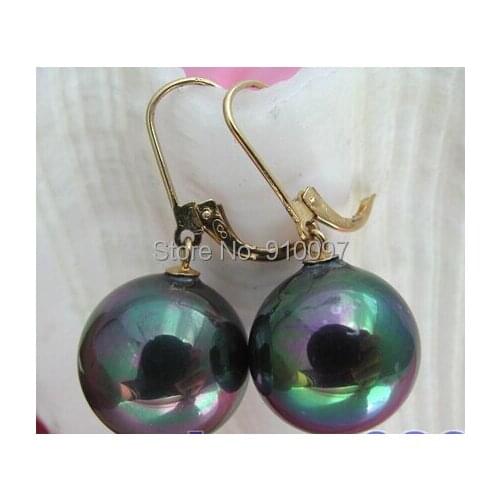 Free shipping >>>14mm round Tahitian black shell pearl dangle earring
