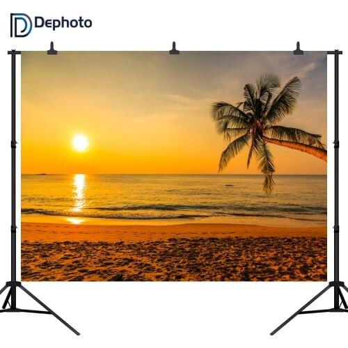 DePhoto Beach Coconut Tree under sunset Seamless for Party Vinyl Photography Backdrop Photo Background Studio Prop ST016