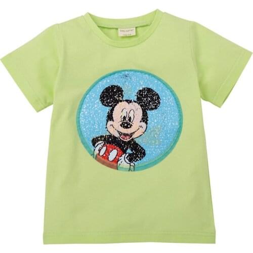 Disney 1 piece childrens T-shirt Mickey print pattern sequin magic round neck non-fading cotton boy T-shirt new