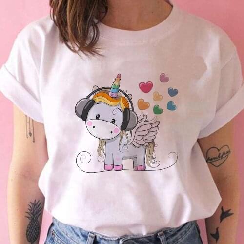 Unicorn Love To Listen To Music Graphic T Shirts Women Casual Creative Child Short Sleeve New 2021 Mujer Y2k Clothing Vetement