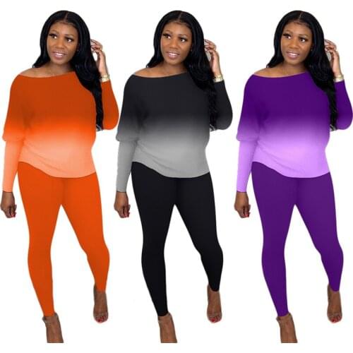 Gradient Two 2 Piece Set For Women Autumn Winter Fitness Outfits Lantern Sleeve Sweatshirt + Long Pants Set Street Tracksuit