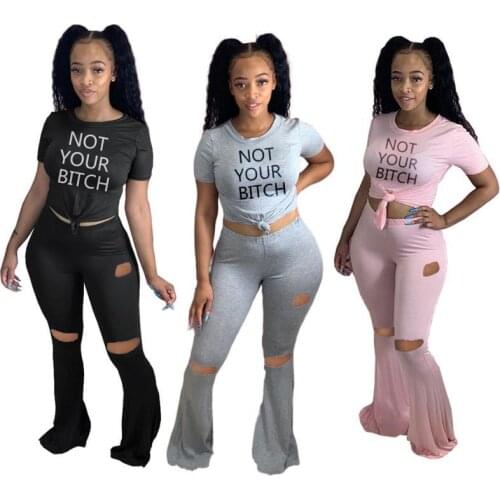 Plus Size Women Clothing Two Piece Set 4XL Fashion Solid Color Hole Flared Pants And Printing Tops Summer Outfit Dropshipping