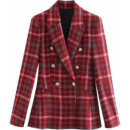 Vintage Elegant Red Plaid Double Breasted Tweed Jacket Women Fashion Lapel Collar Pockets Coat Female Chic Streetwear