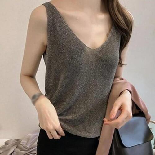 Summer Ice Silk knitted women sleeveless vest shiny casual tank tops sexy v neck plus size camisole loose Female Tank Top