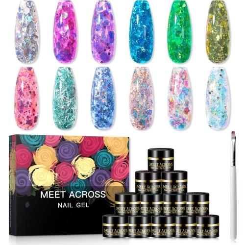 MEET ACROSS 13Pcs Nail Flash Diamond Gel Nail Polish Kit Shiny Glitter Sequins Lacquer Varnish Soak Off UV Gel Nail Beauty Desig