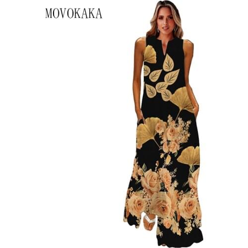 MOVOKAKA Golden Rose Print Dress Women Black Elegant Casual Plus Size Long Dresses Summer Woman Sleeveless Girl Beach Maxi Dress