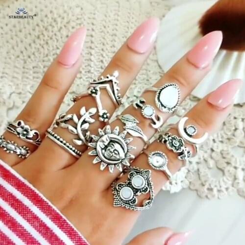 14 pcs/lot Leaf Bijoux Sun Rose Flower Moon Joint Rings Set Finger Rings Men Toe Ring Set Party Ring Toe Rings for Women Jewelry