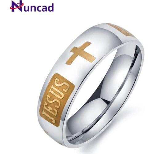 New Fashion Retro Simple Christian Jesus Letter Cross Stainless Steel Ring Plated with Gold Color Retaining Ring 8mm