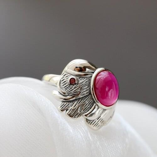 Authentic 925 Sterling Silver Inlaid Artificial Ruby National Style Little Elephant Opening Adjustable Ring Fine Jewelry Gift