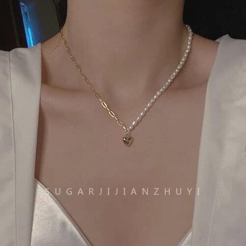 Retro Freshwater Pearl Necklace Asymmetrical Stitching Clavicle Chain Love Pendant Necklace Female Niche Design Necklace