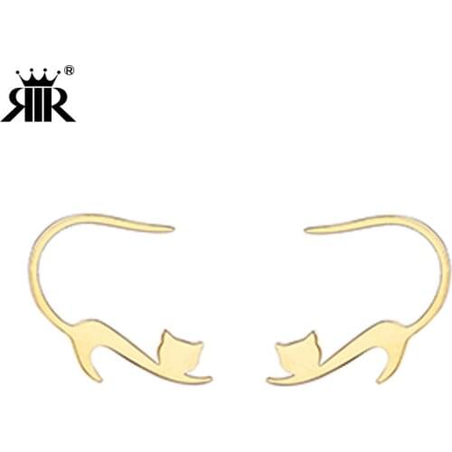 RIR Hypoallergenic Gold Cat Stud Earrings Jewellery In Stainless Steel with High Polish Finished Best Gifts For Animal Lovers