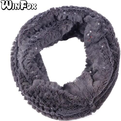 Winfox Luxury Grey Red Faux Fur Circle Loop Scarf For Ladies Women O Ring Winter Warm Sequin Neck Tube Scarfs