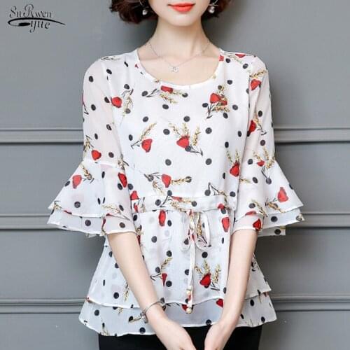 20220 Summer Five-point Sleeve Print Chiffon Blouse Casual Women Clothing Korean Loose Plus Size Ladies Tops Blusas 8685 50