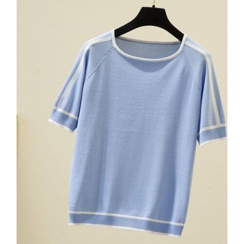 LJSXLS Summer Thin Knitted Womens Sweater Color contrast Short Sleeve Ladies Sweaters Solid O-Neck Tops For Women Pullovers