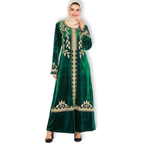 Women Velvet Embroidery Abaya Muslim Dress Long Sleeve Kaftan Arab Robe Dubai Turkey Caftan Islamic Clothing Ramadan Warm Gown