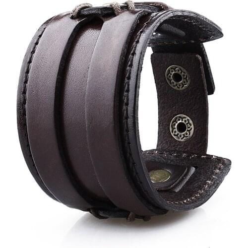 HAWSON Retail 23.5 cm Coffee Unisex Genuine Leather Snap Fastener Punk Style Free Size Adjustable Bracelet