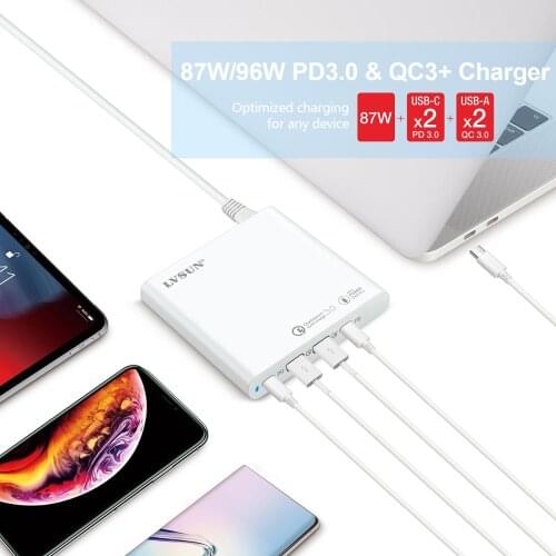 LVSUN 87W 96W Dual USB Type C Travel Laptop Charger Adapter with USB-C PD3.0 For Macbook XiaoMi HP Dell XPS iPhone 11 pro Type-c