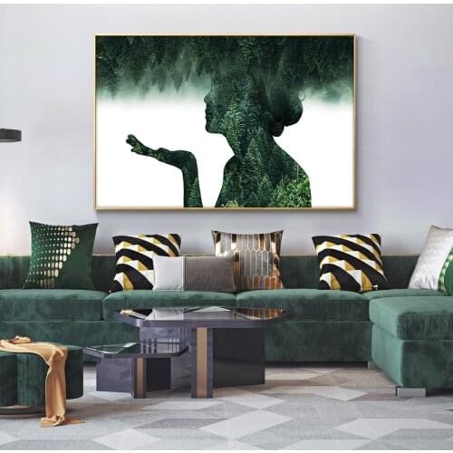 Double Exposure Forest Woman oil Painting on Canvas Posters and Prints Scandinavian Wall Art Picture for living room Home Decor