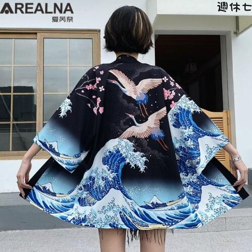 Womens Kimono Cardigan Japanese Style The Great Wave Off Kanagawa Crane Geisha Haori Anime Clothes Sasuke Cosplay Kimono Homme
