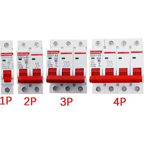 DZ47 1-4 Pole 6A/10A/16A/20A/32A/40A/50A/63A 400V C Type Mini Circuit Breaker MCB 35mm Din Rail Mount Breaking Capacity 6KA