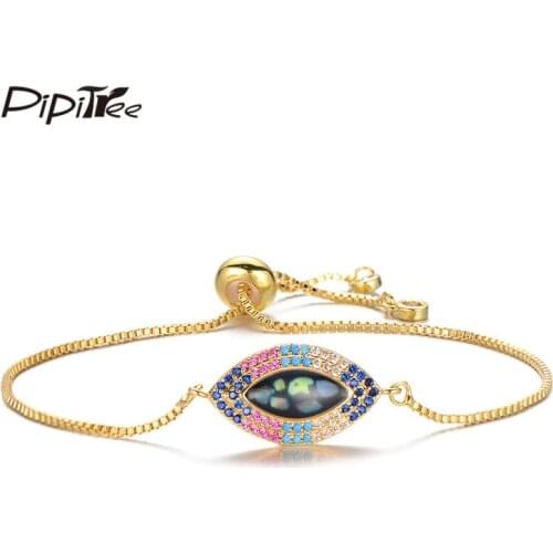 Pipitree Fashion Natural Shell Evil Eye Bracelet Copper Cubic Zirconia Charm Adjustable Chain Bracelets for Women Men CZ Jewelry