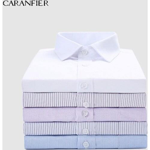 CARANFIER Stripe Mens Work Shirts Brand Soft Long Sleeve Square Collar Regular Striped Twill Men Dress Shirts White Male Tops