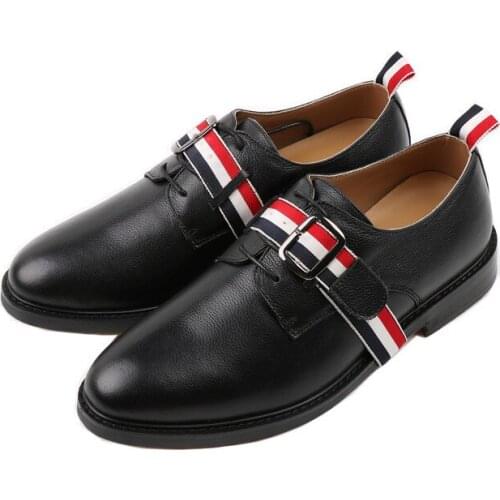 Genuine Leather Men Round Toe Handmade Gingham Lace Up Sttripe Band Handmade England Style Dress Shoes Men Casual Leather Shoes