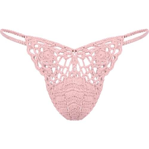 Mens Erotic Lingerie T-Back Thongs Panties Handmade Crocheted G-String Hollow Out Bulge Pouch Briefs Elastic Waistband Underwear