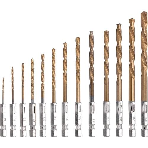 13pcs HSS Drill Bit For Metal Twist Drill Set 1.5 - 6.5mm Titanium Coated - 1/4" Hex Shank For Use With Steel Wood Plastic