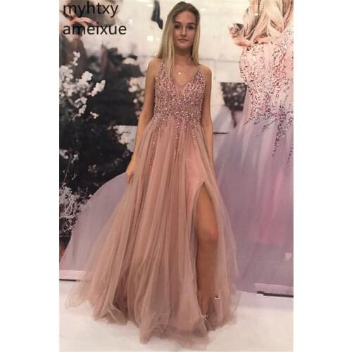 New Sexy High Slit Pink Prom Dress Cheap Long 2020 Beaded V-neck Tulle Party Gowns Women Gauze Dress Elegant Evening Dresses