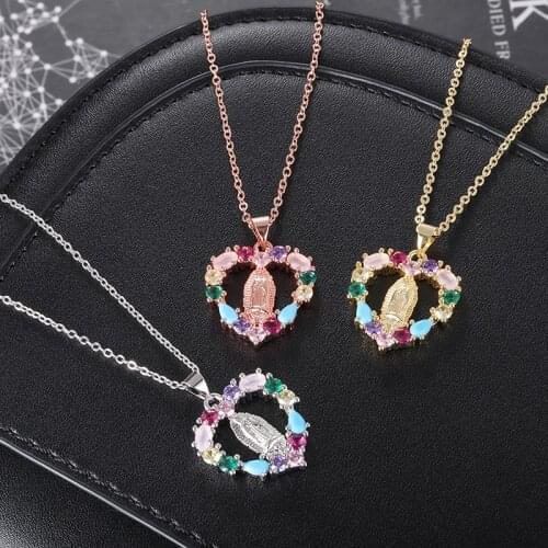 Fashion Colorful Crystal Virgin Mary Pendant Necklace Women Christian Faith Jewelry