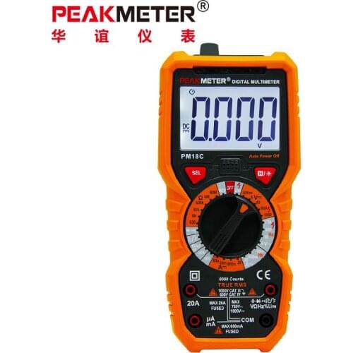 PEAKMETER PM18C TRMS Digital multimeter 6000 Count AC DC Volt Amp meter Ohm Resisor Capacitor Temperature Live wire Freq Tester