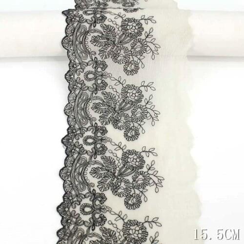 36Yards Black Flowers Embroidered Lace Trim Ribbon Garment Mesh Tulle Lace Fabric Bra Lace Lingerie Garters Sewing 15.5cm Wide