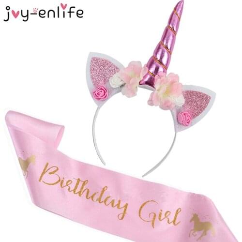 Unicorn Headband Birthday Girl Sash Satin Silk Sash Birthday Party Decoration Girl 1st Baby Shower Rainbow Unicorn Party Supply