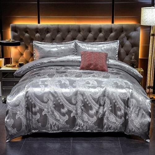 Luxury jacquard soft satin silky bedding down cover pillowcase set with zipper seal, silver grey, medium size double bed
