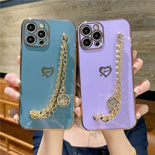 Luxury Side Love Heart Metal Bracelet Case For iPhone 11 12 Pro XS Max 7 8 Plus 12 Mini X XR SE 2020 Soft TPU Shockproof Cover