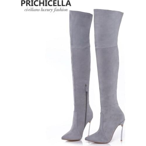 PRICHICELLA 8cm 10cm grey genuine leather over the knee boots thigh high booties size34-42