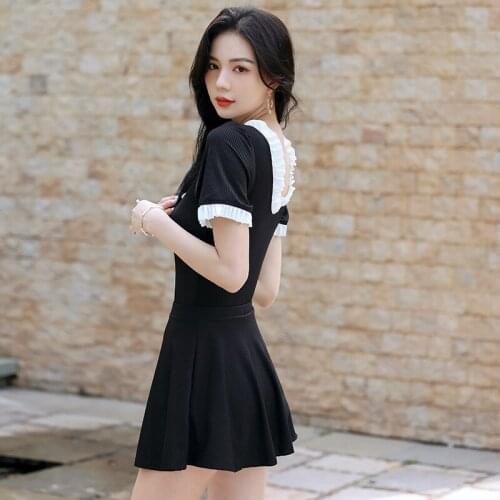 Sexy Open Back Swimsuit Short Sleeve Swim Monokini Ruffle Bandage Bathsuit V-neck Swimwear One Piece Bathers Pad Skirt Women